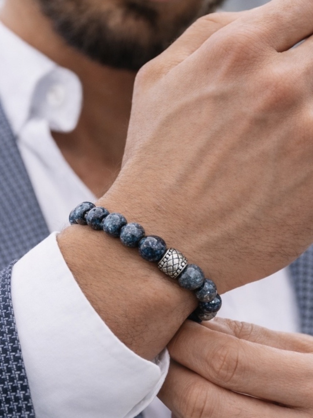 Hand Crafted Men’s Blue Serpentine Beaded Bracelet 7 1/2”